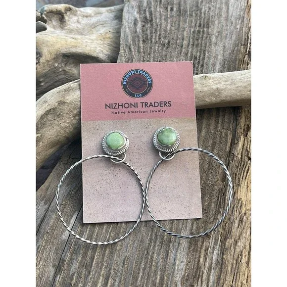 Navajo Sonoran Gold Turquoise & Sterling Silver Dangle Hoop Earrings